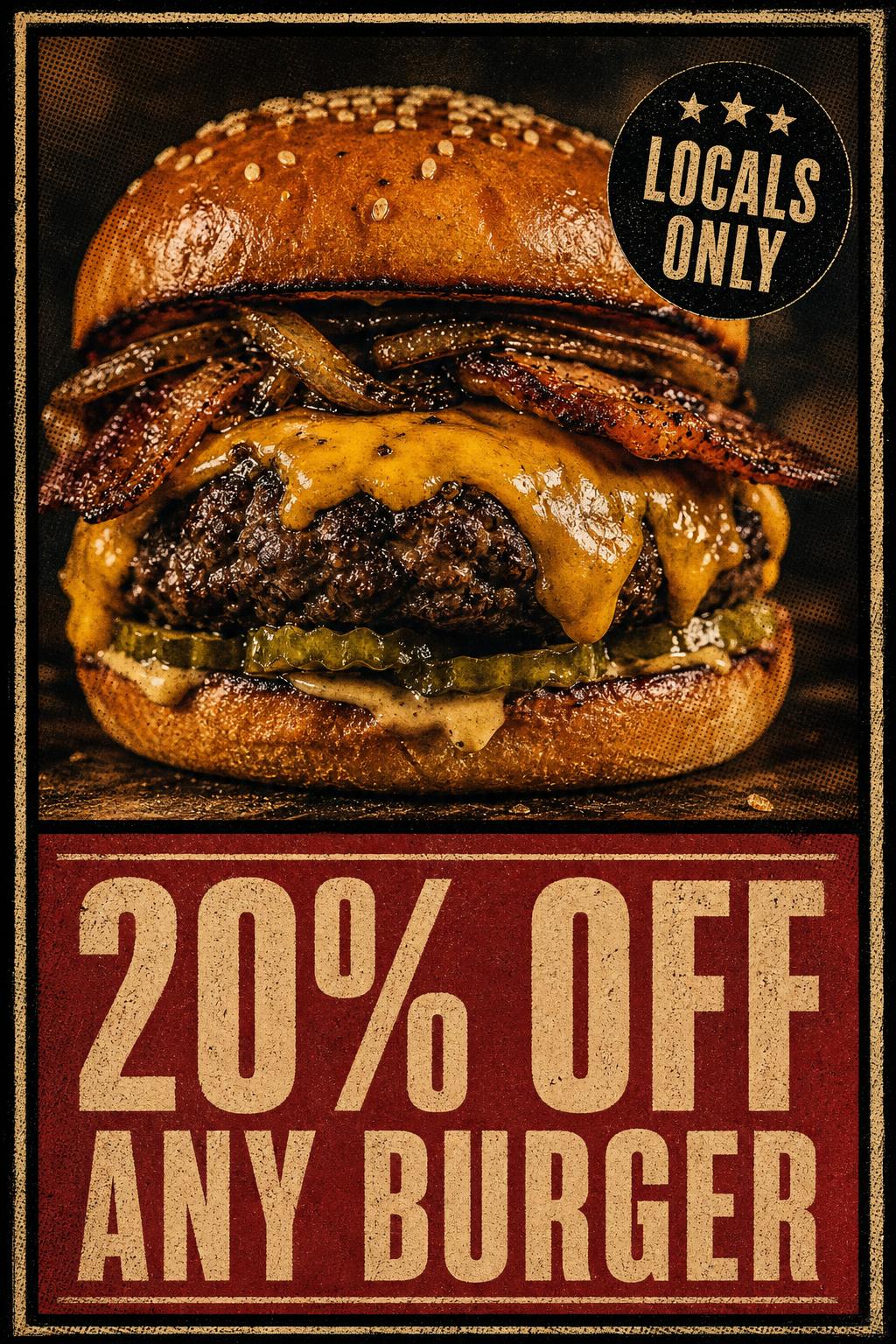 Mock Instagram story: 20% off any burger at Cornerstone Café, bold vintage poster style