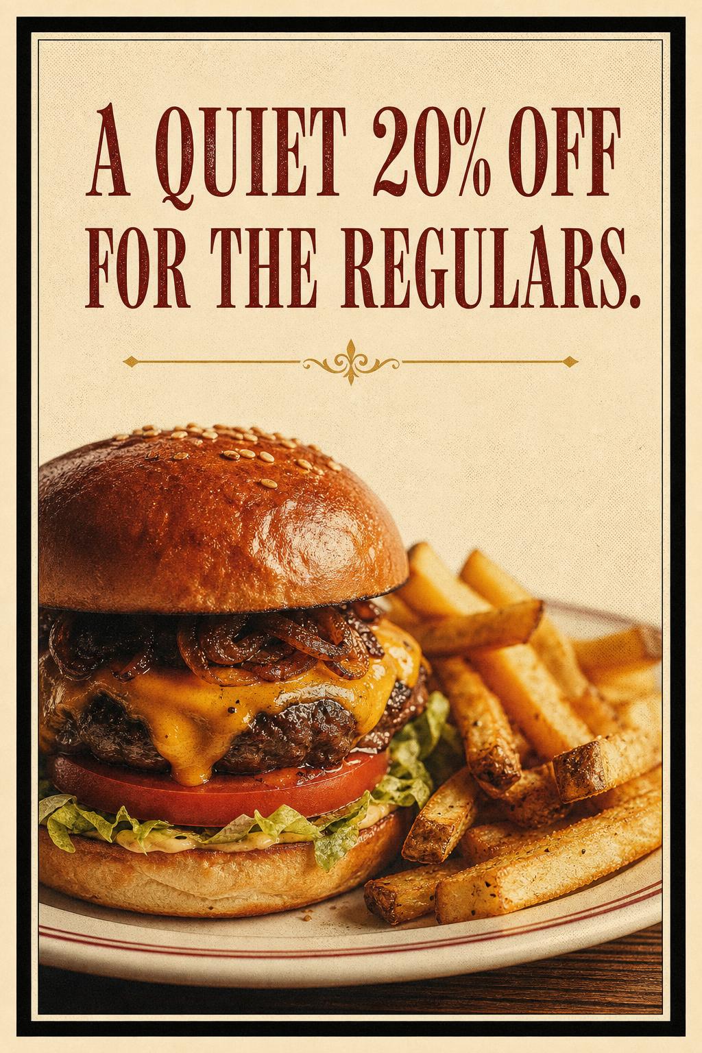 Mock Instagram story: A quiet 20% off for the regulars, premium editorial vintage style