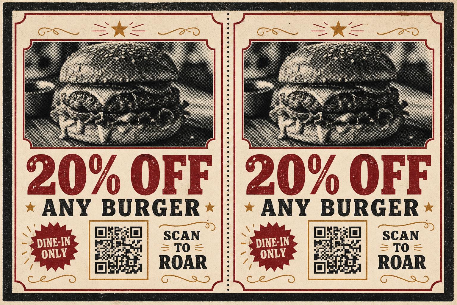 Mock printable tent card: two-up 20% off any burger with QR code, vintage newspaper deal card style