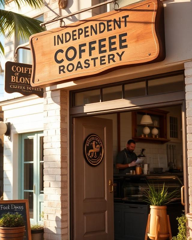 Sunlit storefront of Matanzas Moon Coffee Co., a small-batch coffee roastery on A1A South near Matanzas Inlet, with a hanging wooden sign and open front door.